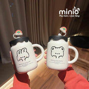 Ly cốc sứ gấu nắp đen silicone