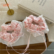 Scrunchies hoa nhí nơ trắng hồng