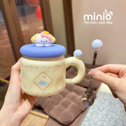 Ly cốc sứ hoạ tiết nhí nắp thú silicone