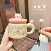 Ly cốc sứ hoạ tiết nhí nắp thú silicone