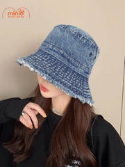 Nón jean trơn viền tua rua