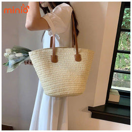 Túi cói trơn quai da sp672