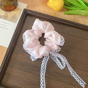 Scrunchies vải nơ ren trắng