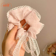 Scrunchies vải nơ ren trắng